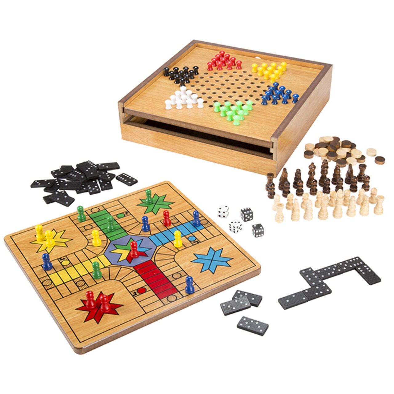Hey! Play! 7-In-1 Combo Game Set Chess Checkers Ludo Backgammon Dominoes Wood